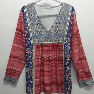 MISSLOOK Multi-Color Print Boho V-Neck Peasant Smock Tunic Size 3XL